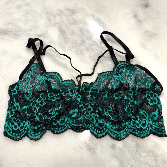 NWT Floral Lace Sheer Unlined Strappy Bralette Lingerie Black Green Size 1XL - Picture 1 of 3
